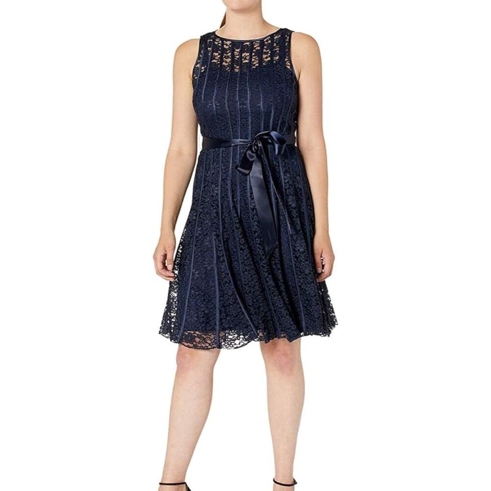 S.L. Fashions Women's Lace Fit & Flare Sleeveless Knee Length Navy Dress, Sz 10